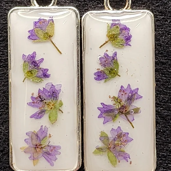 Real Pressed Purple Flower Rectangular Earrings - Picture 3 of 4